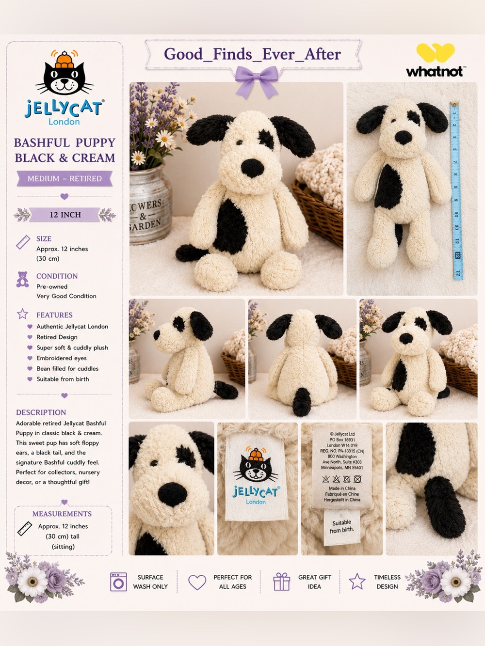 Jellycat London Bashful Puppy 12 Inch Plush Dog Black Cream Stuffed Animal Toy